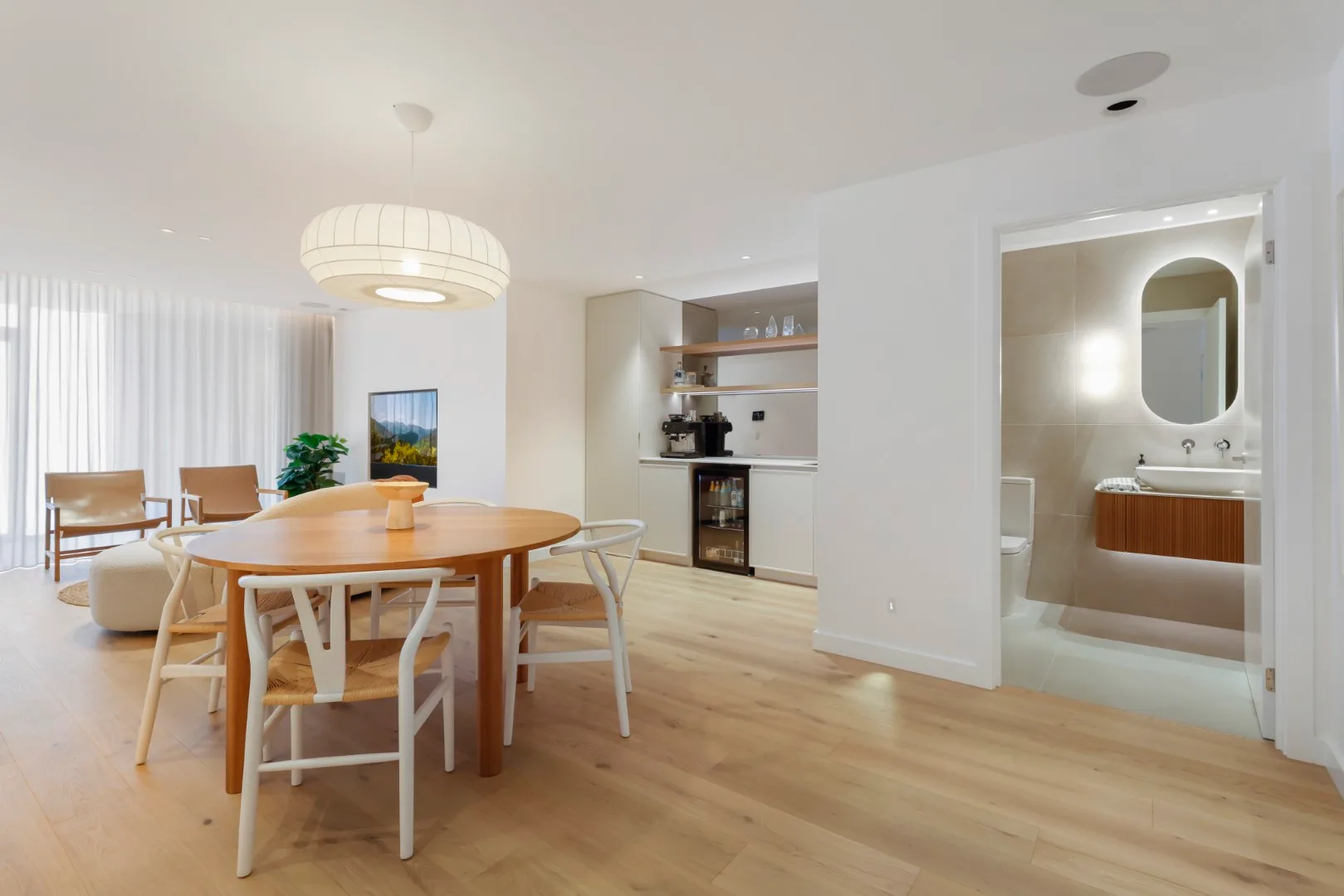 The Dromana studio showroom. Dining, kitchenette and powder room, lighting on one scene.
